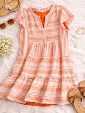Peach Stripe Tiered Mini Dress Ruffle Sleeve Boho Summer Babydoll Tunic Size M